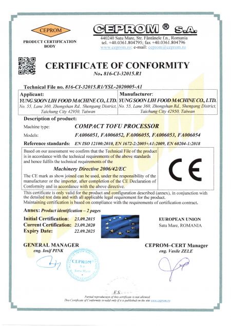 COMPACT TOFU PROCESSOR CE certificate